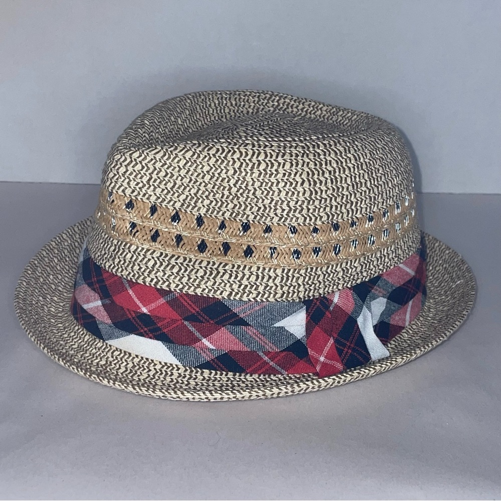 Tan Fedora Hat with Red Plaid Band